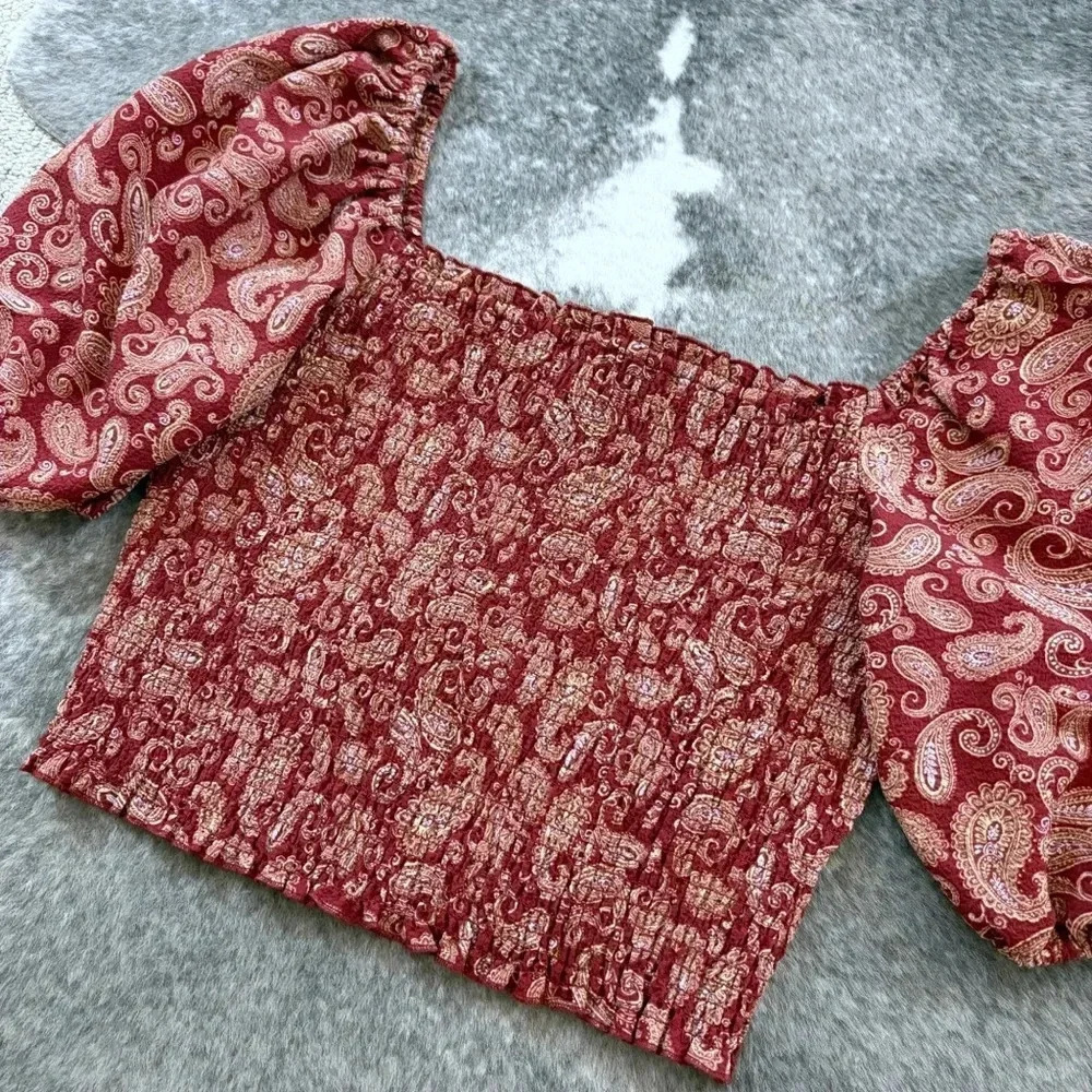 NWT Express Paisley Puff Sleeve Smocked Crop Top - Picture 5 of 11